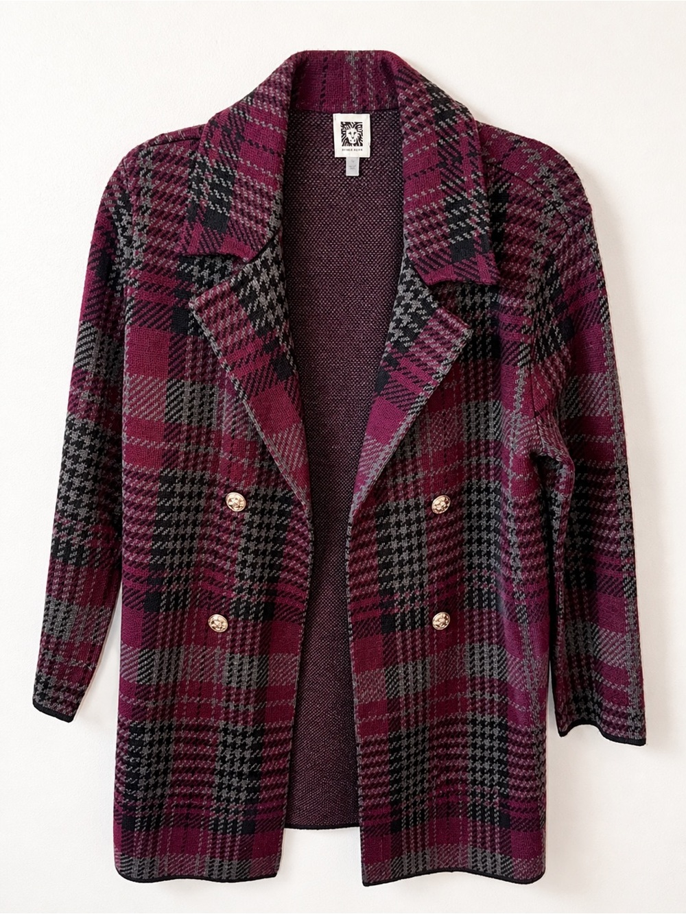 Anne Klein Plaid Open Front Cardigan Blazer Burgundy Black Size Small NWT
